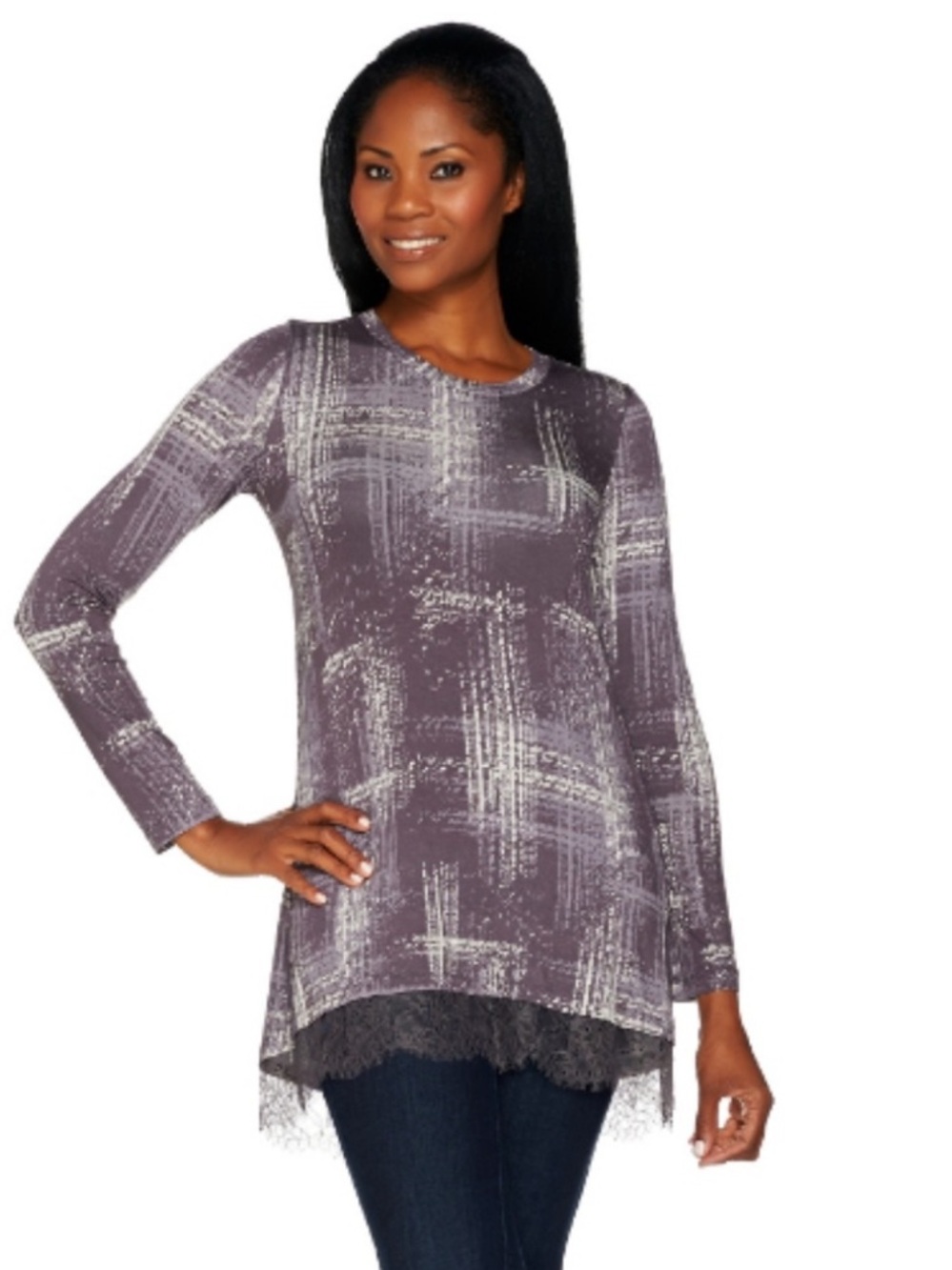 Logo Lori Goldstein Womens 2X Long Sleeve Abstract Tunic Lace Hem Purple Stretch